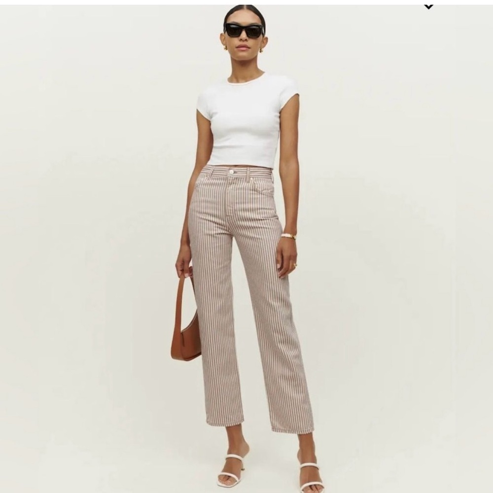Reformation Cowboy Striped High Rise Straight Leg Jeans in Light Beige Size 26